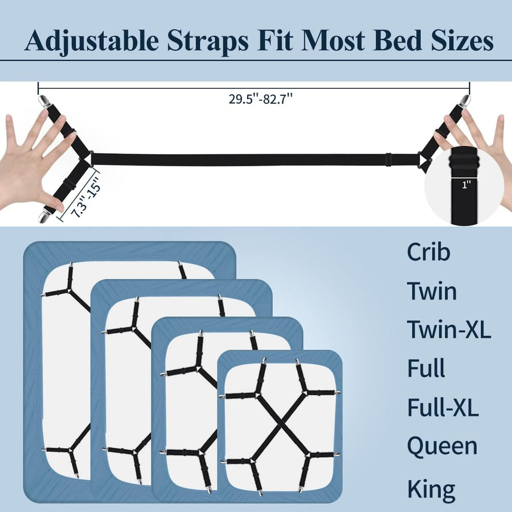 Sheet Straps, Adjustable Bed Sheet Suspenders Max Stretch from 29.5 in to 82.7 in Compatible for Crib to King Size Bed, Non Slip Holder Fasteners Clips, 2pcs/Black