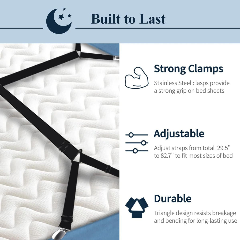 Sheet Straps, Adjustable Bed Sheet Suspenders Max Stretch from 29.5 in to 82.7 in Compatible for Crib to King Size Bed, Non Slip Holder Fasteners Clips, 2pcs/Black