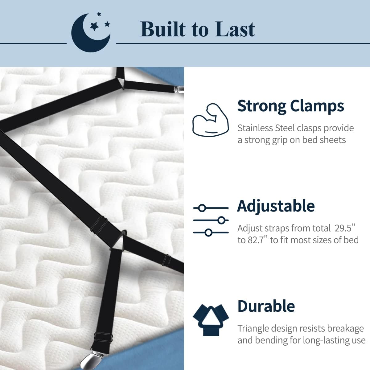 Sheet Straps, Adjustable Bed Sheet Suspenders Max Stretch from 29.5 in to 82.7 in Compatible for Crib to King Size Bed, Non Slip Holder Fasteners Clips, 2pcs/Black