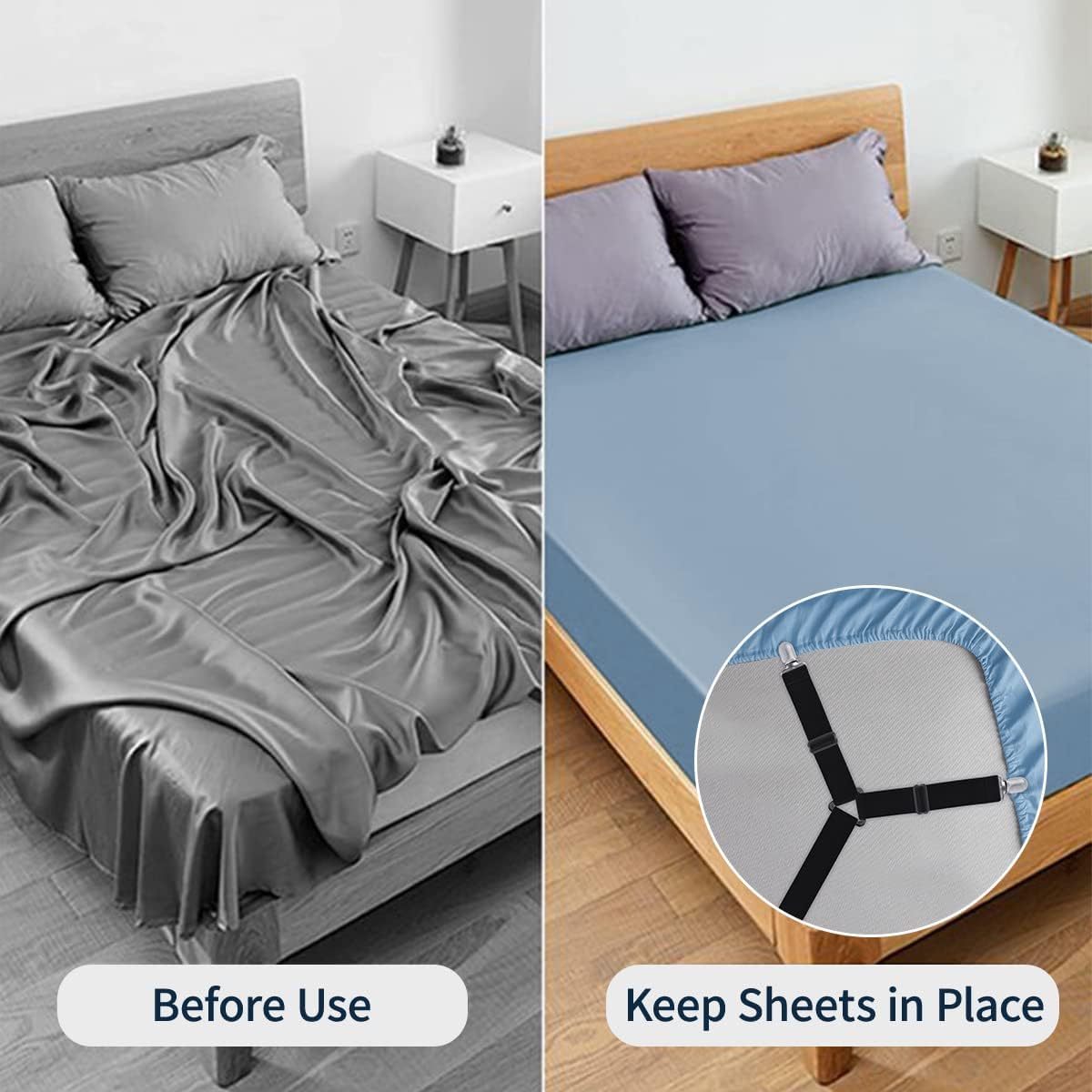 Sheet Straps, Adjustable Bed Sheet Suspenders Max Stretch from 29.5 in to 82.7 in Compatible for Crib to King Size Bed, Non Slip Holder Fasteners Clips, 2pcs/Black