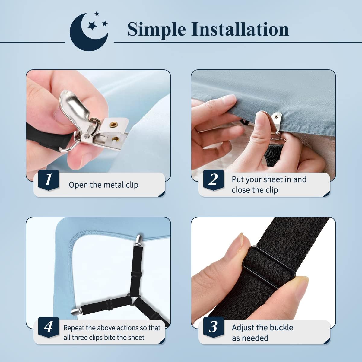 Sheet Straps, Adjustable Bed Sheet Suspenders Max Stretch from 29.5 in to 82.7 in Compatible for Crib to King Size Bed, Non Slip Holder Fasteners Clips, 2pcs/Black