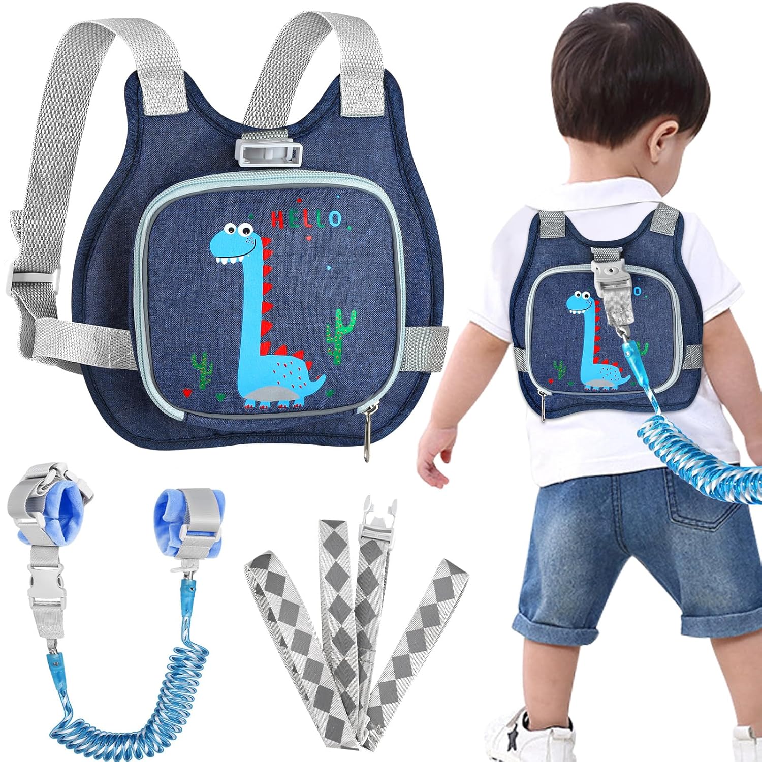 Toddler Harness Leash+ Anti Lost Wrist Link,  Cute Dinosaur Kids Harness with Leash, Foldable Child Leash Baby Walking Wristband Assistant Strap Belt Hold Baby Boys Girls Close While Walking