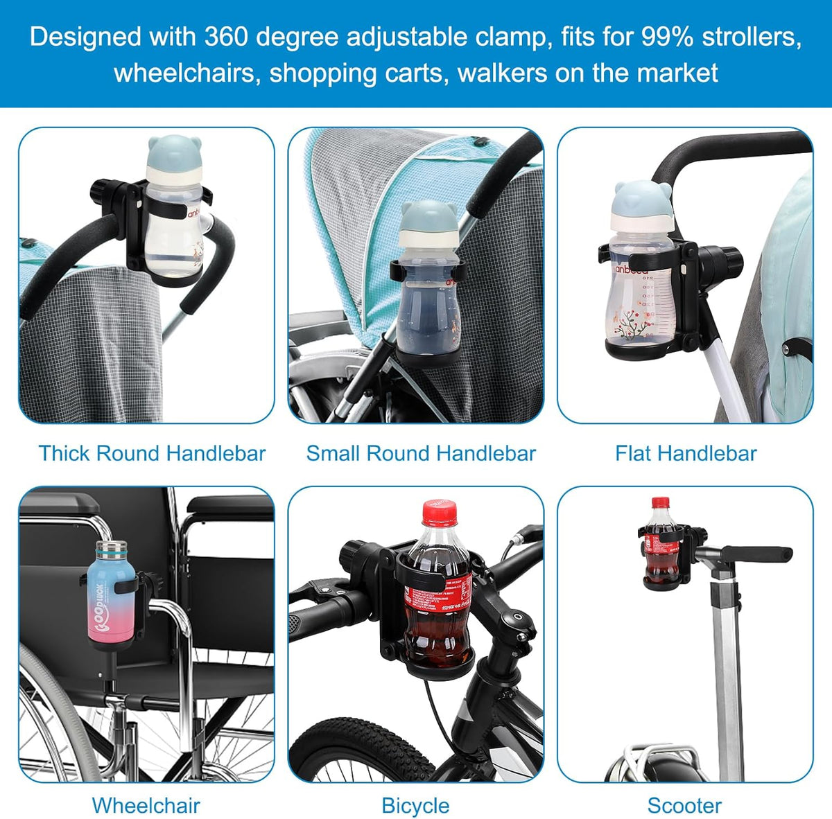 Stroller Cup Holder, Foldable Universal Cup Holder, 360 ° Rotatable Bottle Holder for Stroller, Bike, Wheelchair, Walker, Scooter ﻿