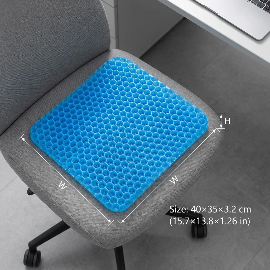 Gel Seat Cushion, Gel Cushion, Cool & Breathable & Non-Slip for Car, Office, Home, Wheelchair (Blue, 40 x 35 x 3.2 cm)