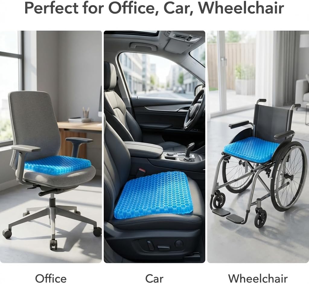 Gel Seat Cushion, Gel Cushion, Cool & Breathable & Non-Slip for Car, Office, Home, Wheelchair (Blue, 40 x 35 x 3.2 cm)