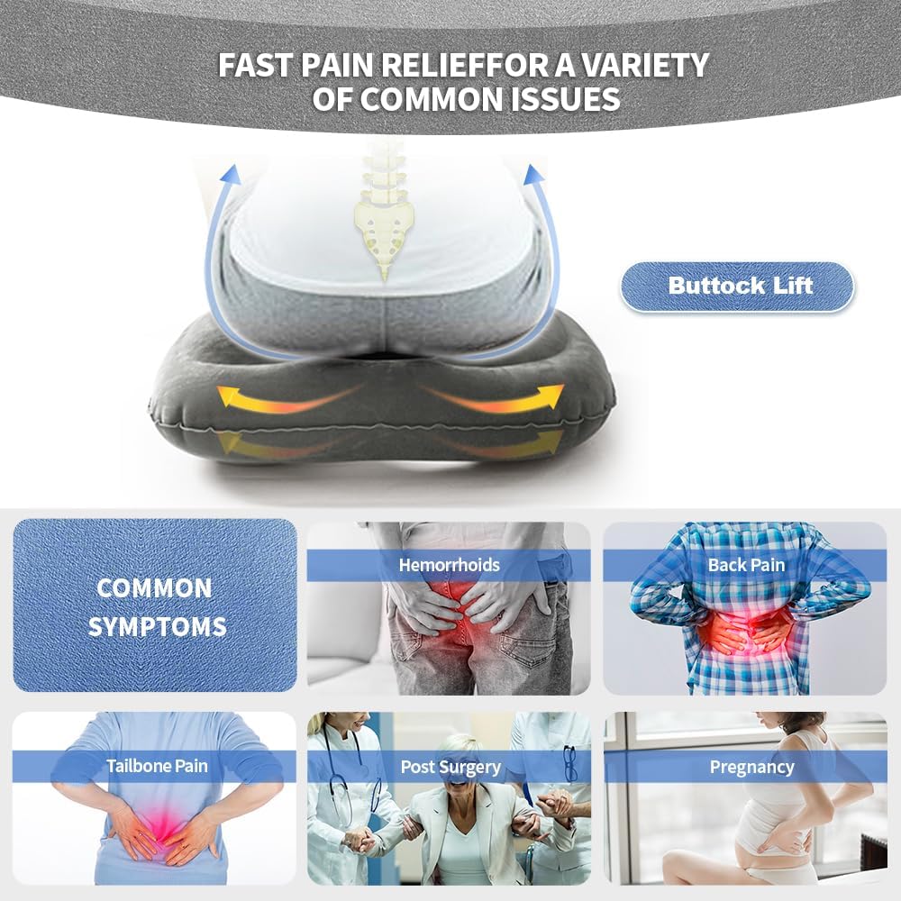 Petluno Inflatable Donut Cushion for Tailbone Pain Relief - Orthopedic Hemorrhoid & Sciatica Seat Cushion - Coccyx Cushion for Postpartum, Pregnancy, Office Chair, Car, Wheelchair & Post-Surgical Recovery (Grey)