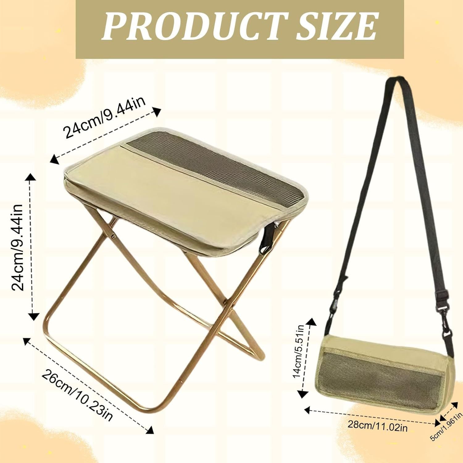 Collapsible Stool Folding Stool for Adults, Foldable Backpack Stool Portable Chair Heavy Duty Compact Travel Camping Stool with Storage Pocket, Portable Folding Seat for Fishing Hiking (Khaki, S)