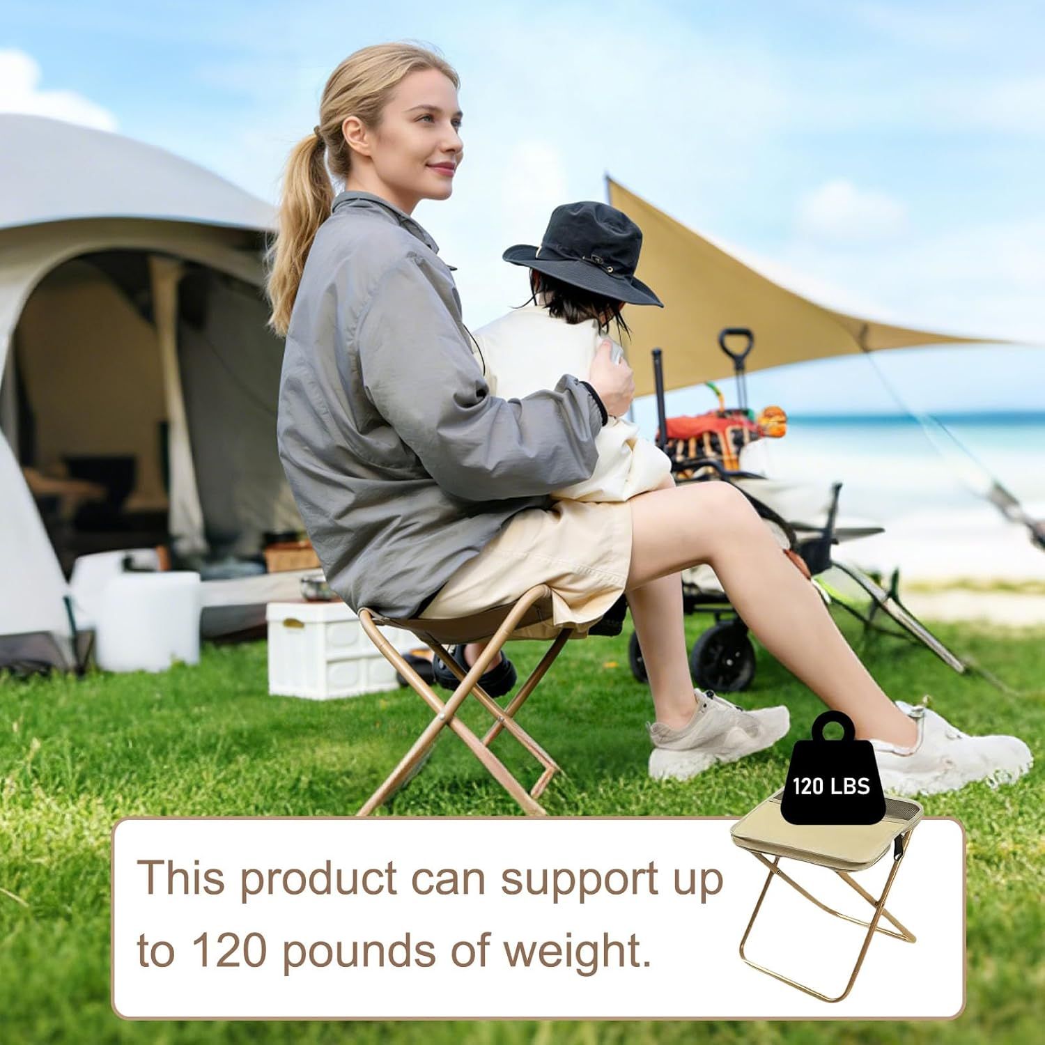 Collapsible Stool Folding Stool for Adults, Foldable Backpack Stool Portable Chair Heavy Duty Compact Travel Camping Stool with Storage Pocket, Portable Folding Seat for Fishing Hiking (Khaki, S)
