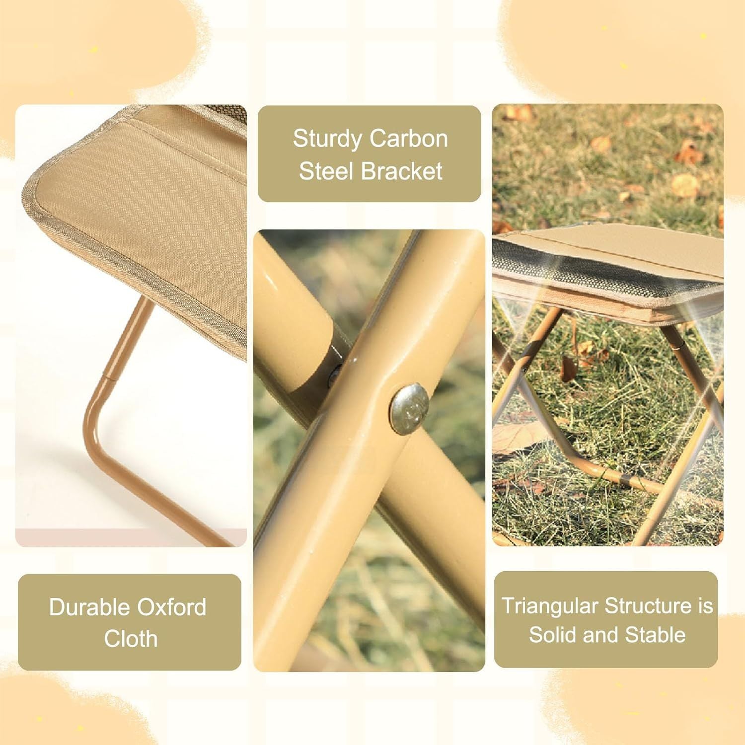 Collapsible Stool Folding Stool for Adults, Foldable Backpack Stool Portable Chair Heavy Duty Compact Travel Camping Stool with Storage Pocket, Portable Folding Seat for Fishing Hiking (Khaki, S)
