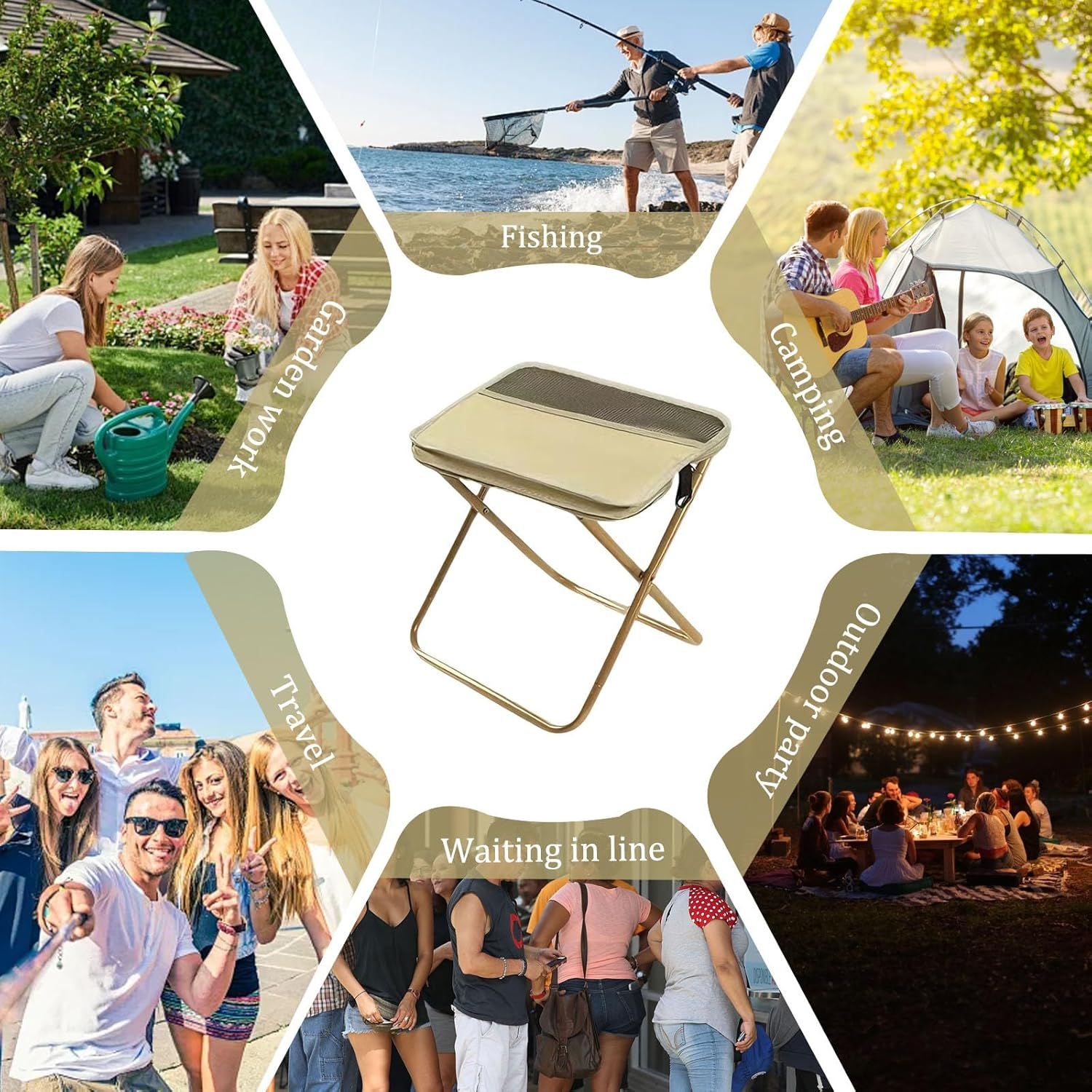 Collapsible Stool Folding Stool for Adults, Foldable Backpack Stool Portable Chair Heavy Duty Compact Travel Camping Stool with Storage Pocket, Portable Folding Seat for Fishing Hiking (Khaki, S)