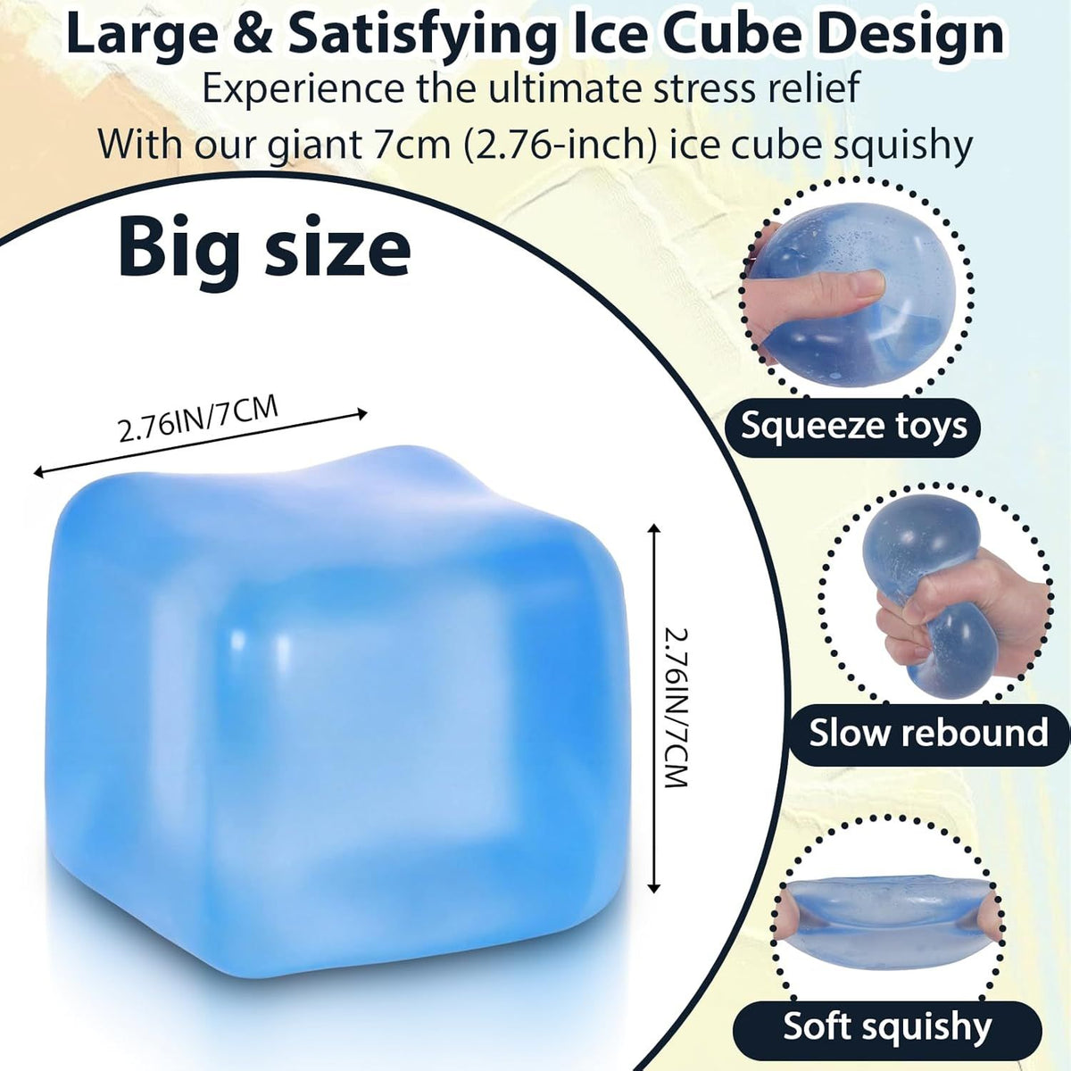 Large Ice Cube Squishy Toy 7cm (2.76Inch),  Big Slow Rising Squishies for Sensory Play, Perfect Stress Relief Fidget Toys for Adults Anxiety, Squishy Cube Sensory Toys (Blue)