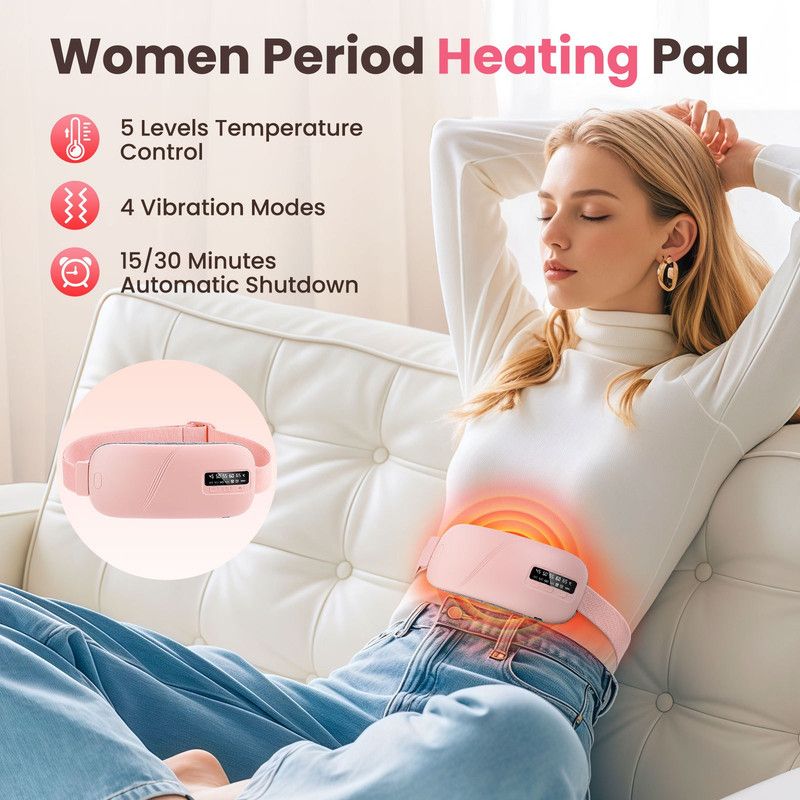 LED Display Period Heating Belt for Women, 5 Heat Settings & 4 Vibration Modes Wireless Menstrual Cramp Relief Waist Heating Pad - Pink