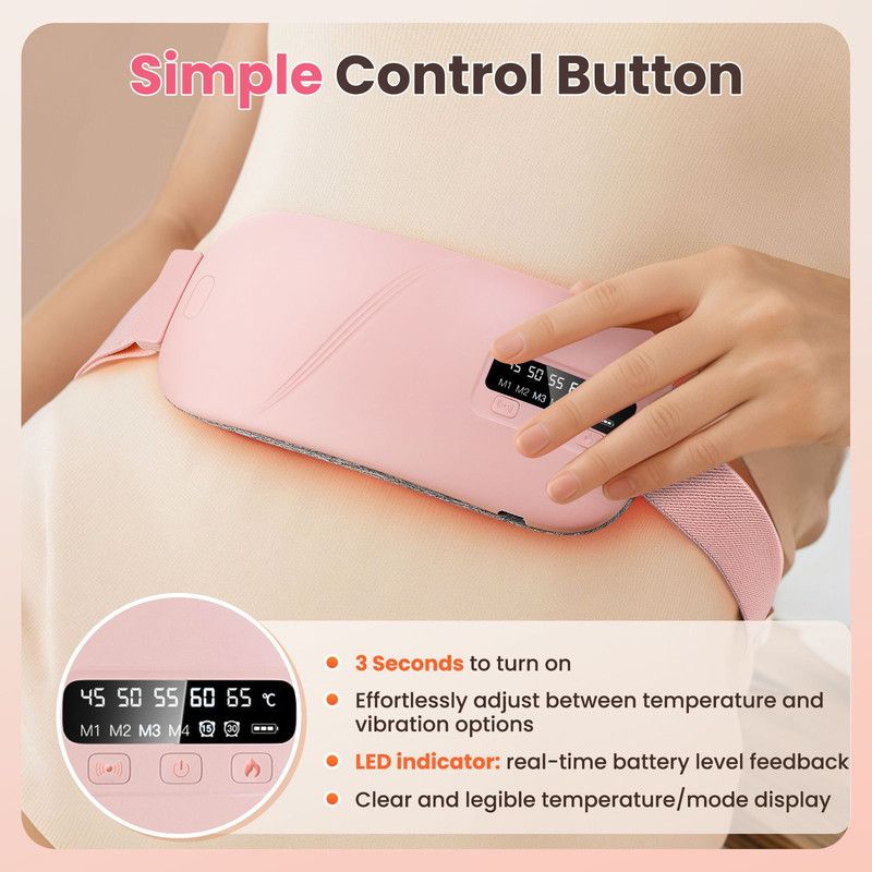 LED Display Period Heating Belt for Women, 5 Heat Settings & 4 Vibration Modes Wireless Menstrual Cramp Relief Waist Heating Pad - Pink