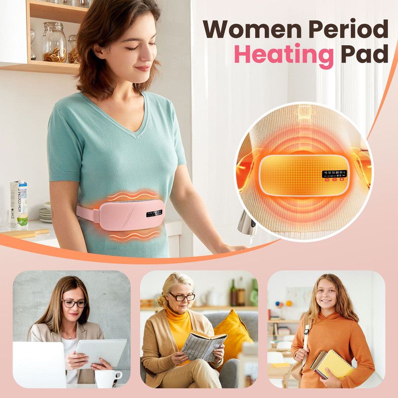 LED Display Period Heating Belt for Women, 5 Heat Settings & 4 Vibration Modes Wireless Menstrual Cramp Relief Waist Heating Pad - Pink