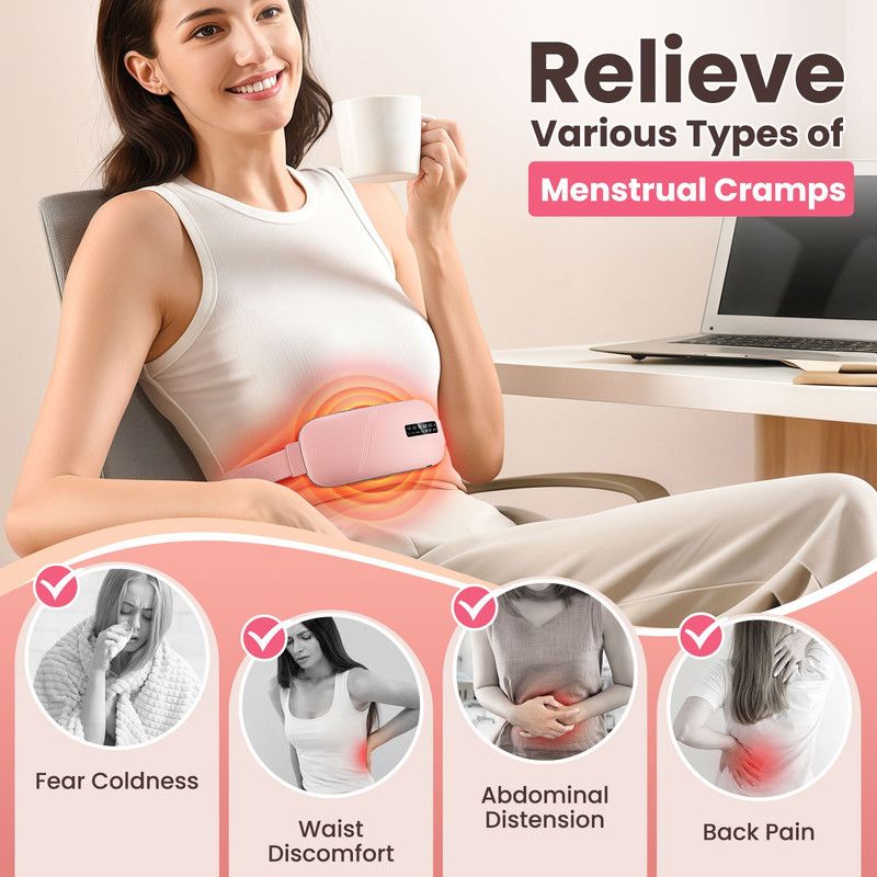 LED Display Period Heating Belt for Women, 5 Heat Settings & 4 Vibration Modes Wireless Menstrual Cramp Relief Waist Heating Pad - Pink