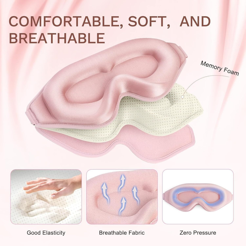 3D Deep Contoured Memory Foam Sleep Eye Mask, Full Light Blocking, Breathable Eye Cover for Travel, Naps, and Nighttime Sleep—Pink