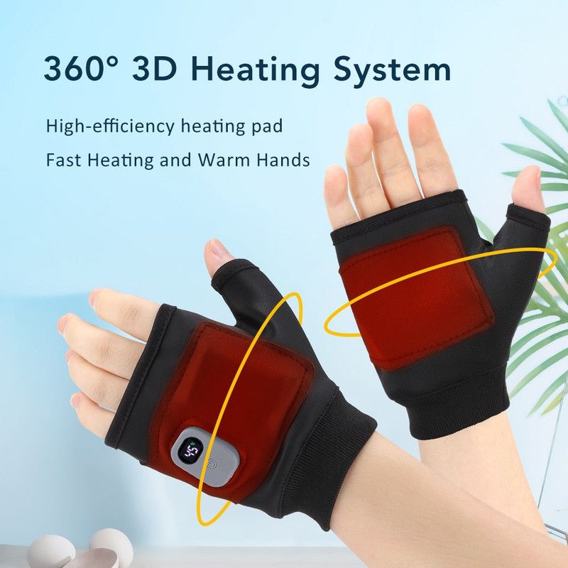 USB Rechargeable Heated Half-Finger Gloves, 3-Level Temperature Control Winter Hand Warmers (1 Pair)