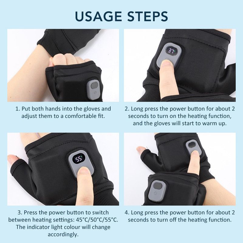 USB Rechargeable Heated Half-Finger Gloves, 3-Level Temperature Control Winter Hand Warmers (1 Pair)