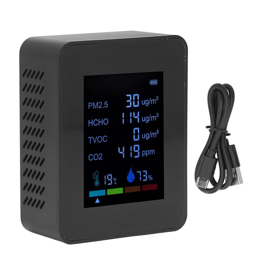 Multifunctional 6 in 1 CO2 Meter Air Quality Monitor Temperature PM2.5 TVOC HCHO Detector USB Charging Black