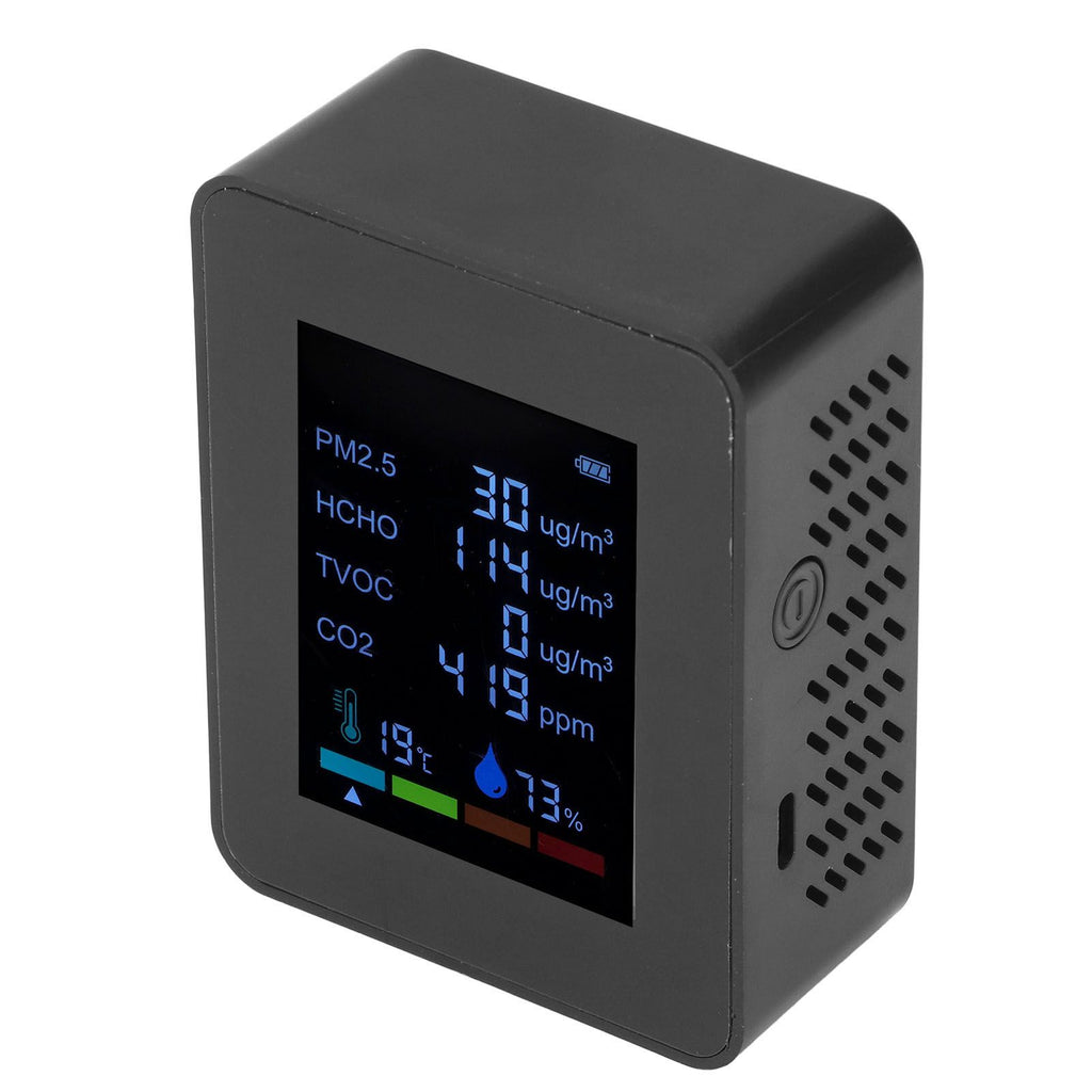 Multifunctional 6 in 1 CO2 Meter Air Quality Monitor Temperature PM2.5 TVOC HCHO Detector USB Charging Black