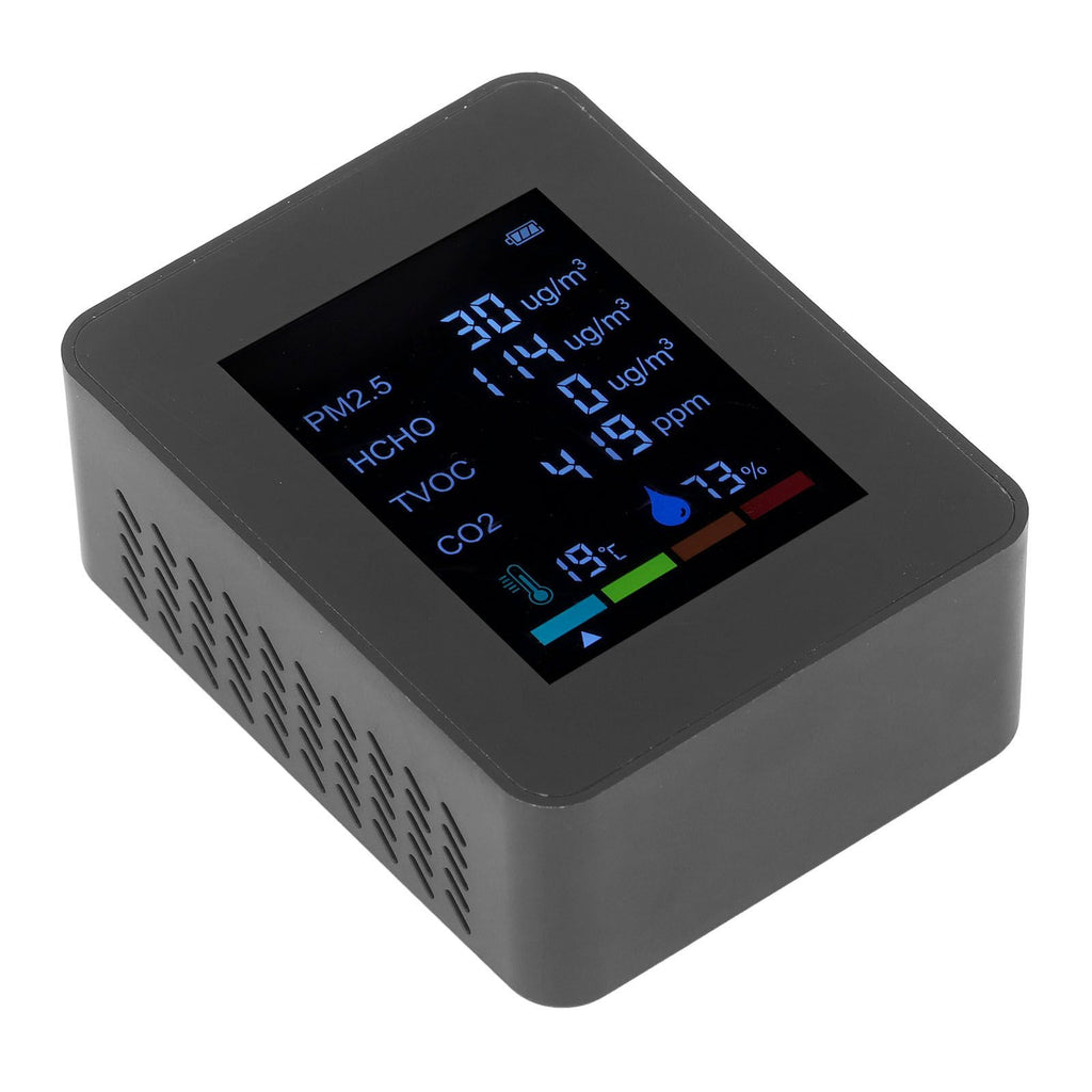 Multifunctional 6 in 1 CO2 Meter Air Quality Monitor Temperature PM2.5 TVOC HCHO Detector USB Charging Black