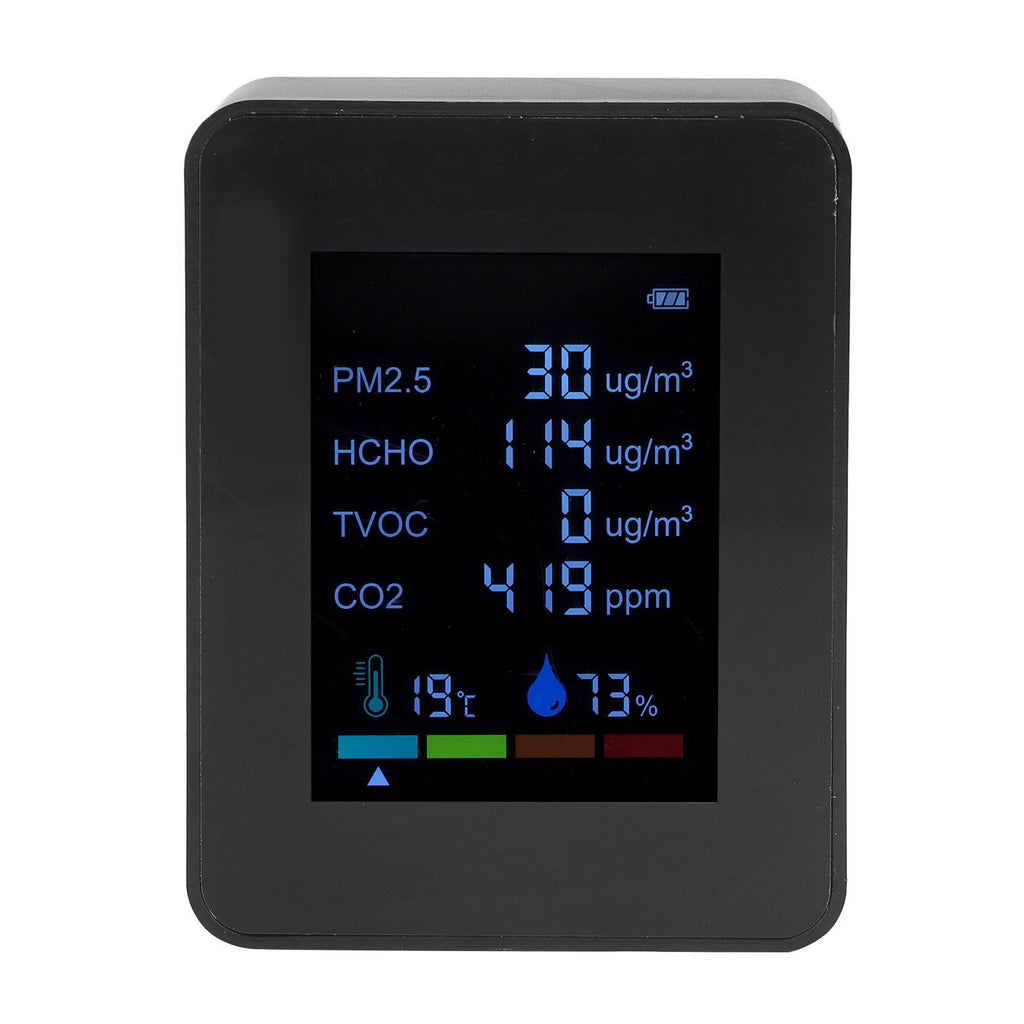 Multifunctional 6 in 1 CO2 Meter Air Quality Monitor Temperature PM2.5 TVOC HCHO Detector USB Charging Black