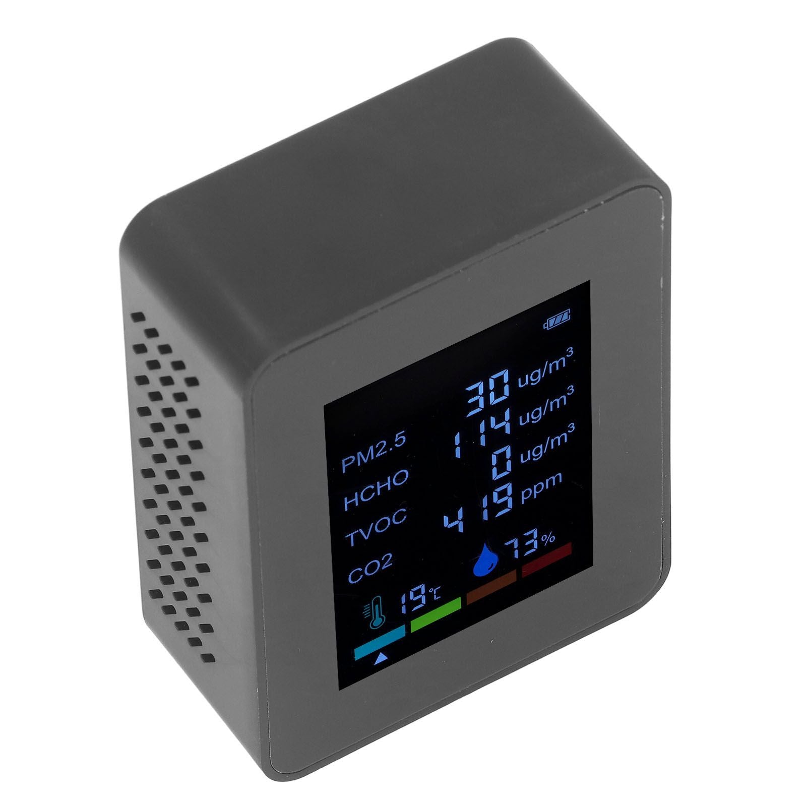 Multifunctional 6 in 1 CO2 Meter Air Quality Monitor Temperature PM2.5 TVOC HCHO Detector USB Charging Black