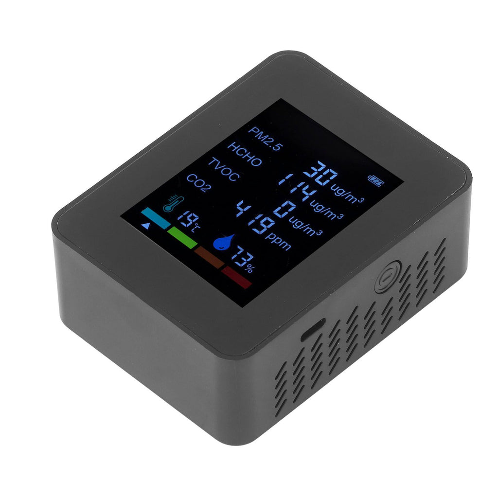 Multifunctional 6 in 1 CO2 Meter Air Quality Monitor Temperature PM2.5 TVOC HCHO Detector USB Charging Black