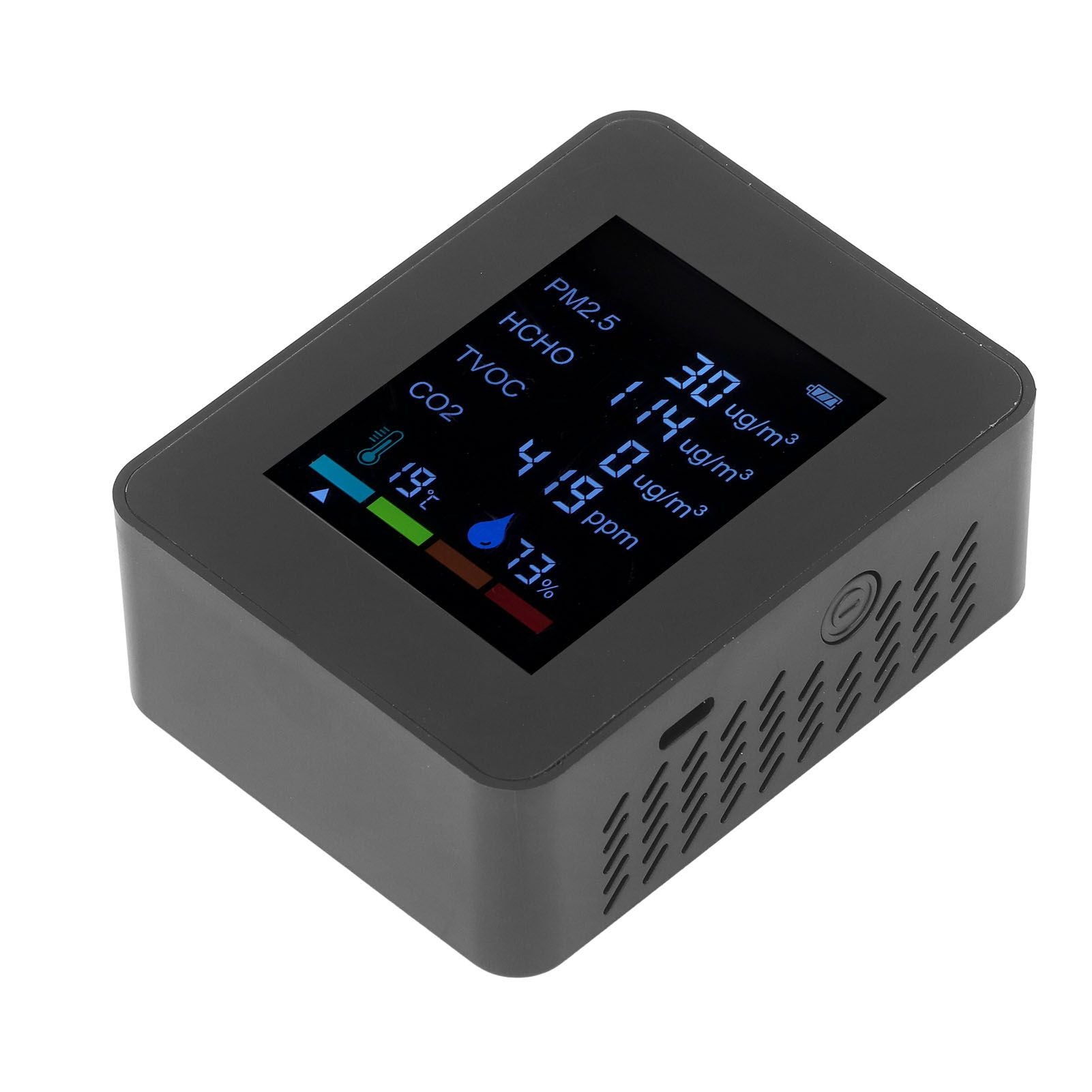 Multifunctional 6 in 1 CO2 Meter Air Quality Monitor Temperature PM2.5 TVOC HCHO Detector USB Charging Black
