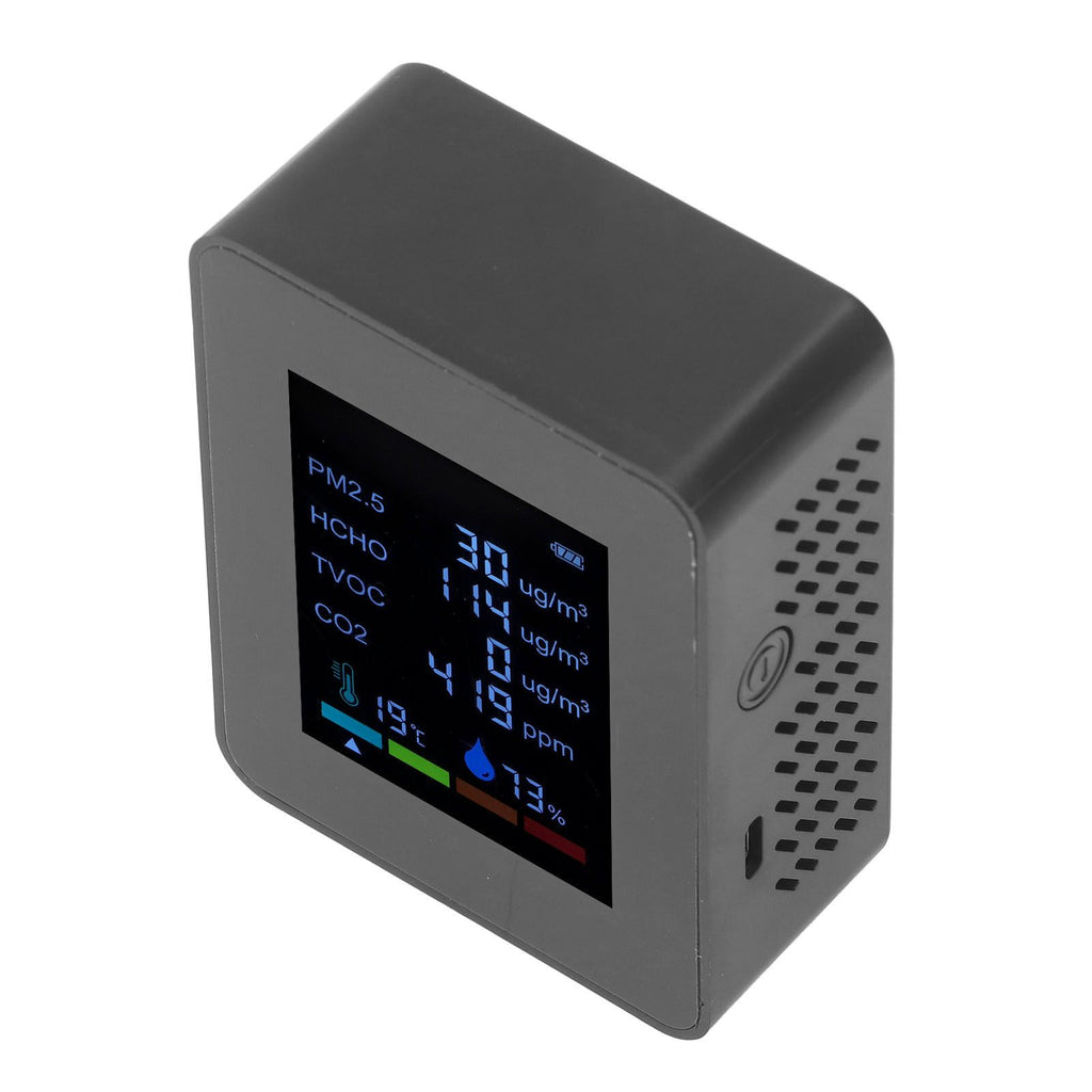 Multifunctional 6 in 1 CO2 Meter Air Quality Monitor Temperature PM2.5 TVOC HCHO Detector USB Charging Black