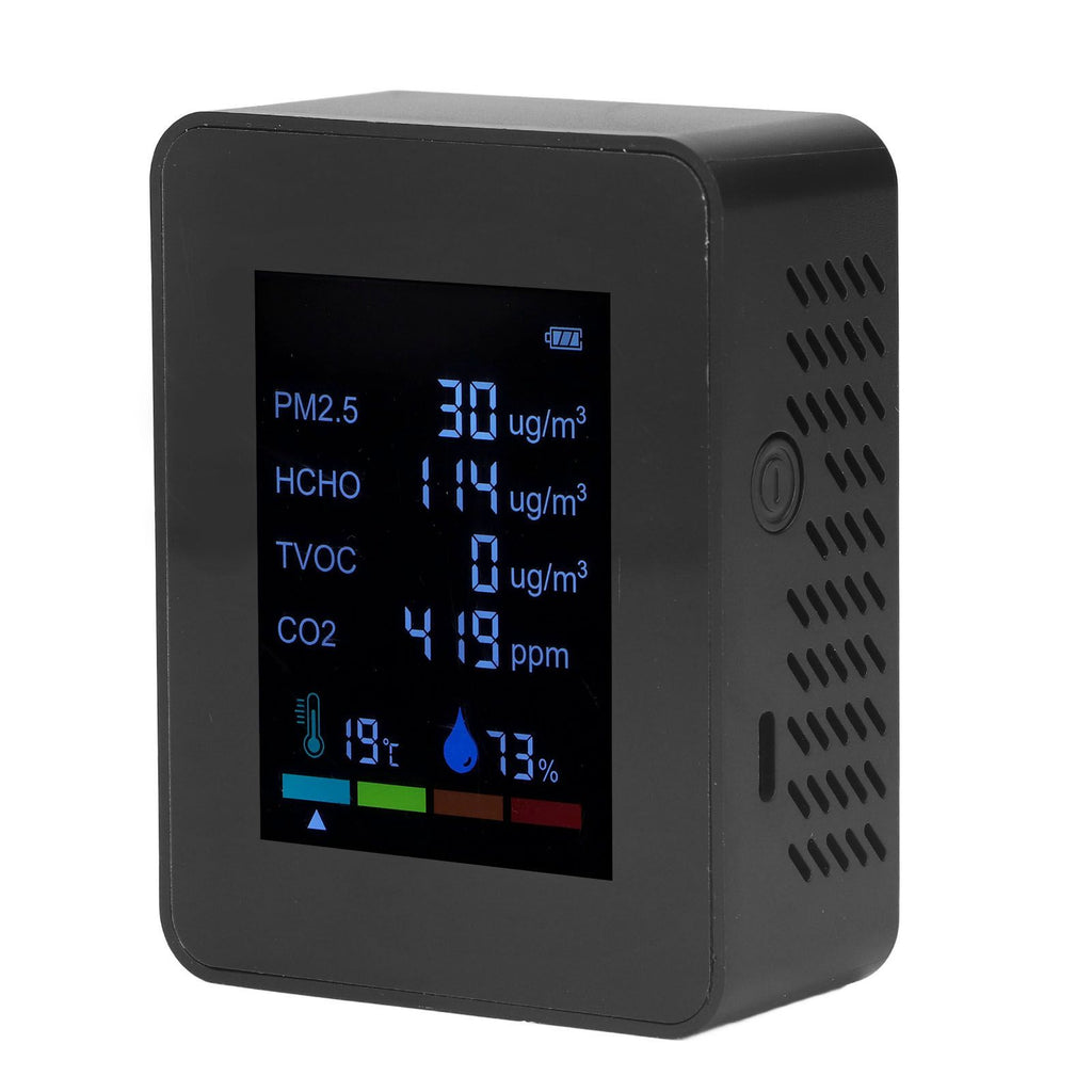 Multifunctional 6 in 1 CO2 Meter Air Quality Monitor Temperature PM2.5 TVOC HCHO Detector USB Charging Black