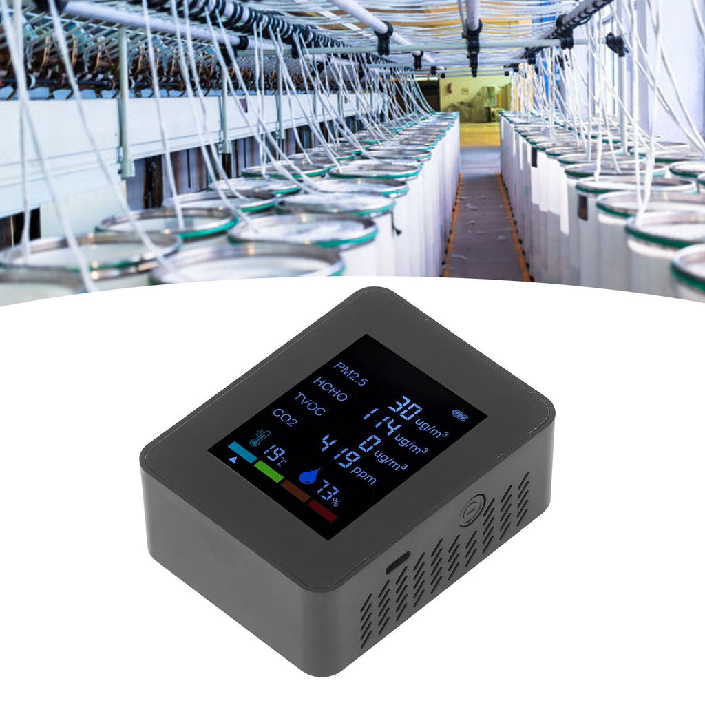 Multifunctional 6 in 1 CO2 Meter Air Quality Monitor Temperature PM2.5 TVOC HCHO Detector USB Charging Black