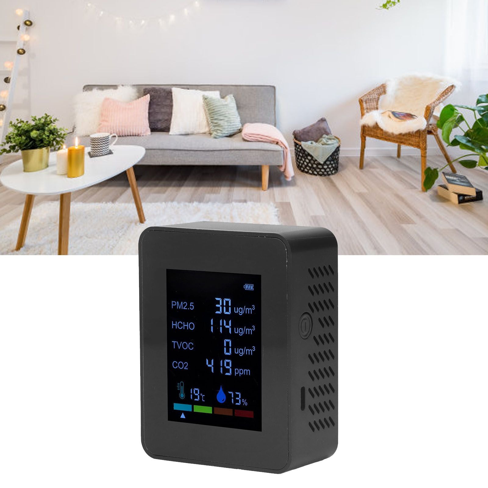 Multifunctional 6 in 1 CO2 Meter Air Quality Monitor Temperature PM2.5 TVOC HCHO Detector USB Charging Black