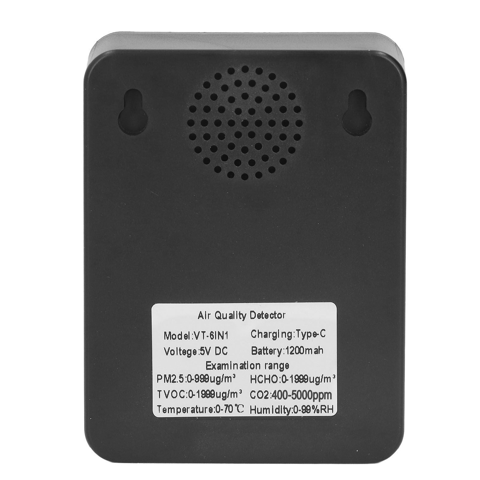Multifunctional 6 in 1 CO2 Meter Air Quality Monitor Temperature PM2.5 TVOC HCHO Detector USB Charging Black