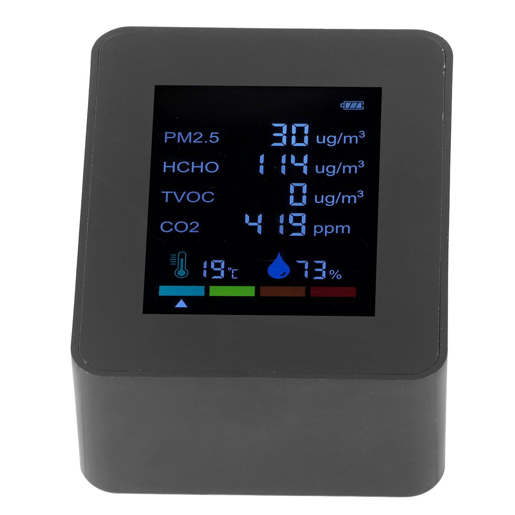 Multifunctional 6 in 1 CO2 Meter Air Quality Monitor Temperature PM2.5 TVOC HCHO Detector USB Charging Black