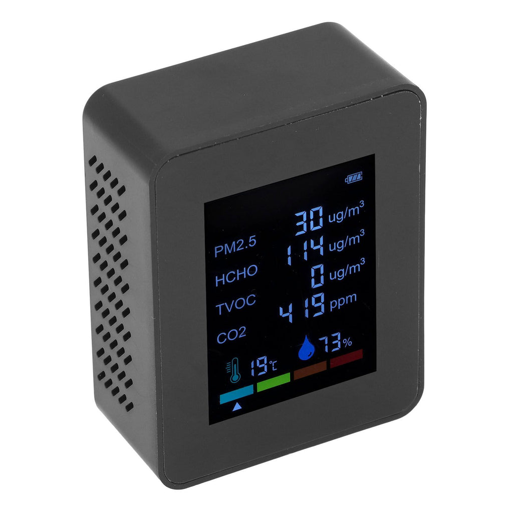 Multifunctional 6 in 1 CO2 Meter Air Quality Monitor Temperature PM2.5 TVOC HCHO Detector USB Charging Black