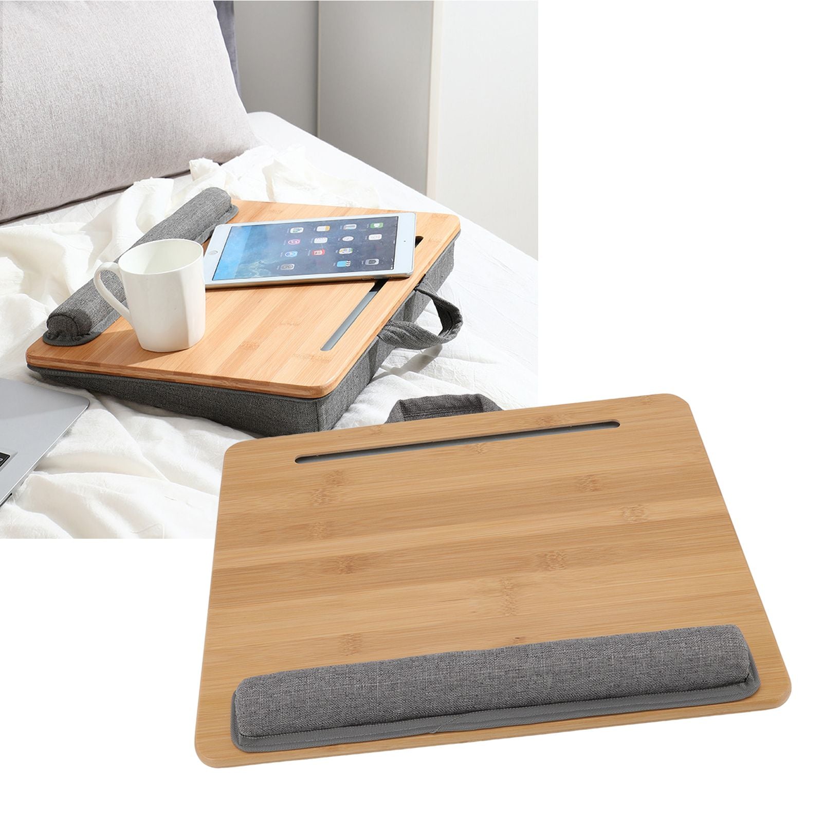 Laptop Table Multifunction Bamboo Lap Desk Bed Tray with Cushion for Reading Writing Playing