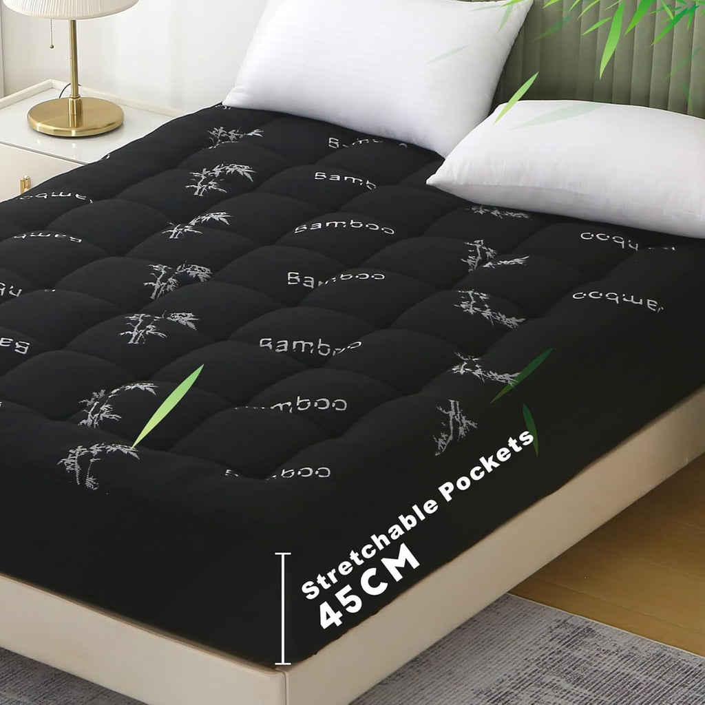 800GSM Mattress Topper Viscose Derived from Bamboo, Thick Pillowtop Fitted Mattress Cover with 45cm Deep Skirt - Machine Washable Hypoallergenic（Single,Black）