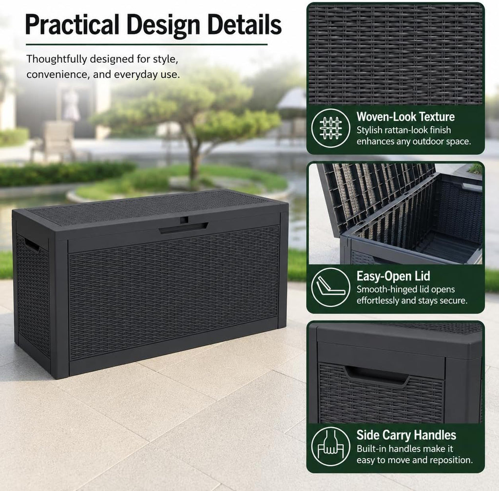 60 Gallon Outdoor Storage Deck Box, 227L Resin Patio Storage Box with Lockable Lid, Waterproof-Look Rattan Deck Box for Cushions, Garden Tools, Pool Accessories, Toys, Patio, Garden and Porch
