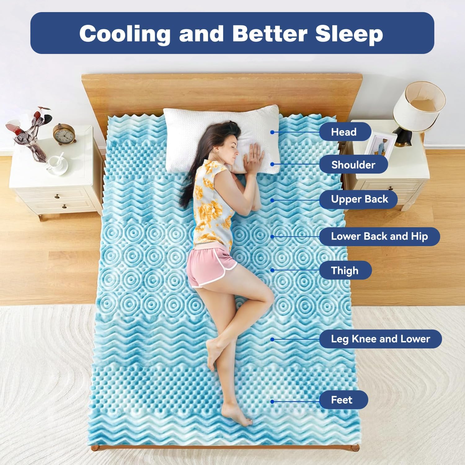 Queen Memory Foam Mattress Topper 7-Zone Bamboo Cover Breathable