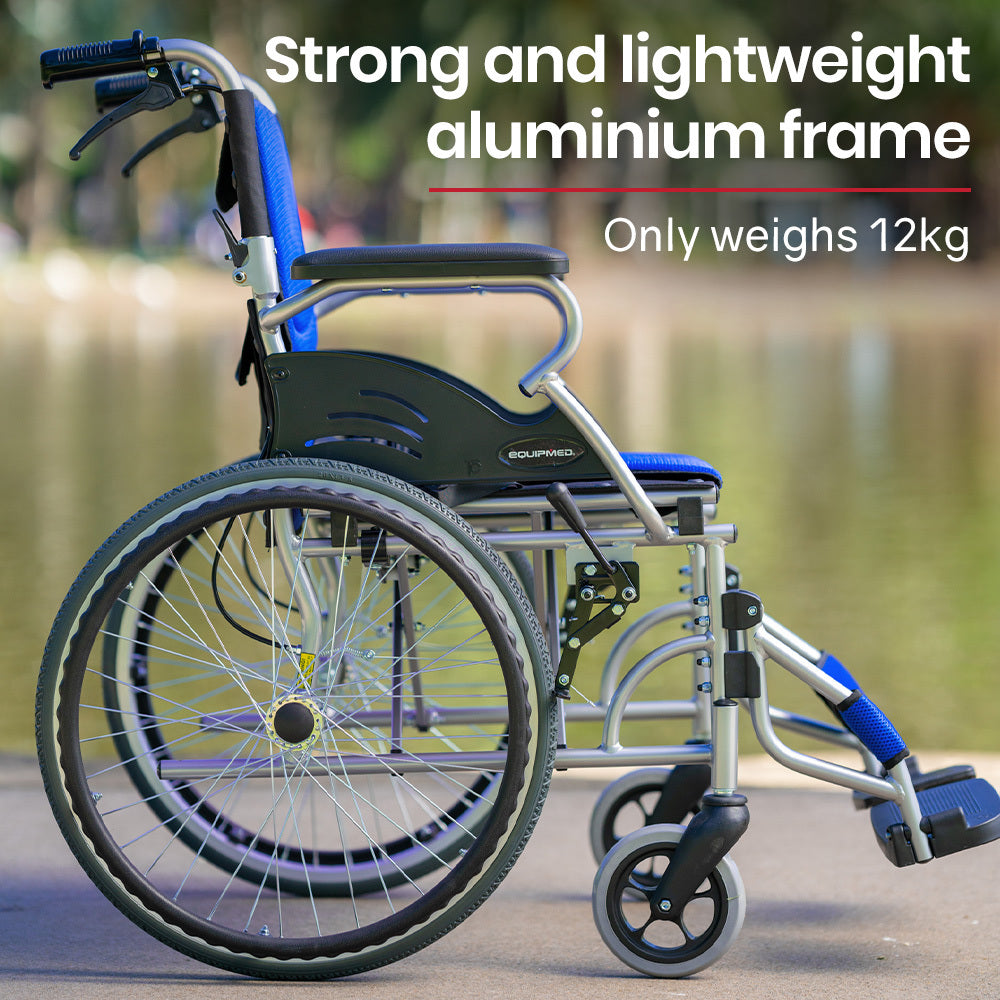 EQUIPMED Folding Aluminium Wheelchair, 20" Wheels, Park Brakes, 100kg Capacity, Blue