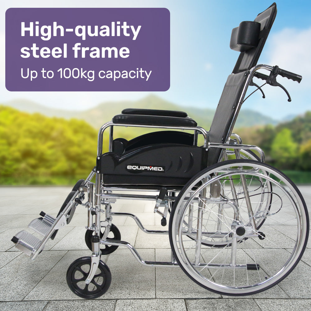 Equipmed Folding Manual Reclining Wheelchair Self Propelled, 24" Rear Wheels, Chrome Steel Frame, 46cm Wide Seat, 100kg Capacity, Park Brakes