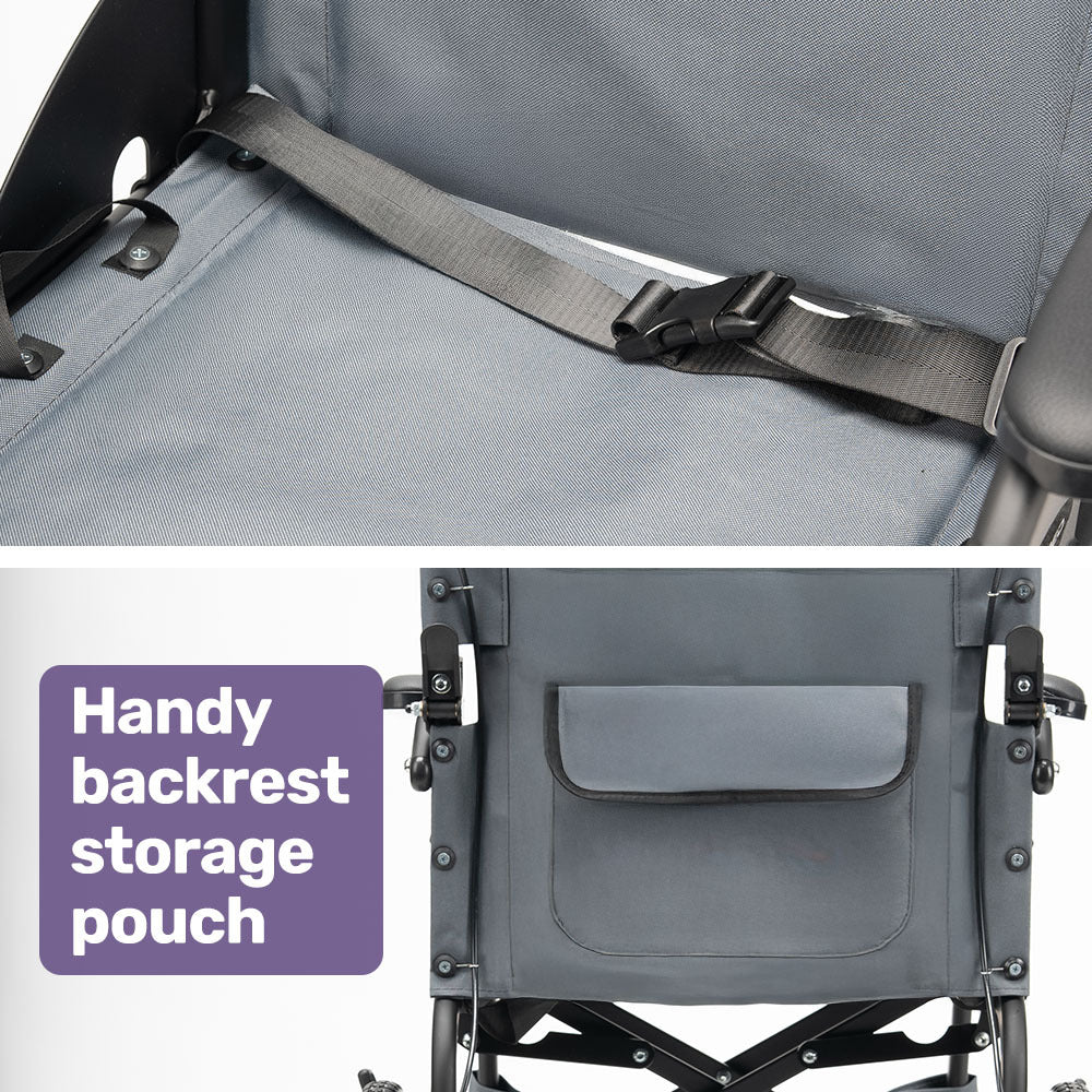 Equipmed Folding Transit Wheelchair, Lightweight Aluminium for Easy Transport, Grey
