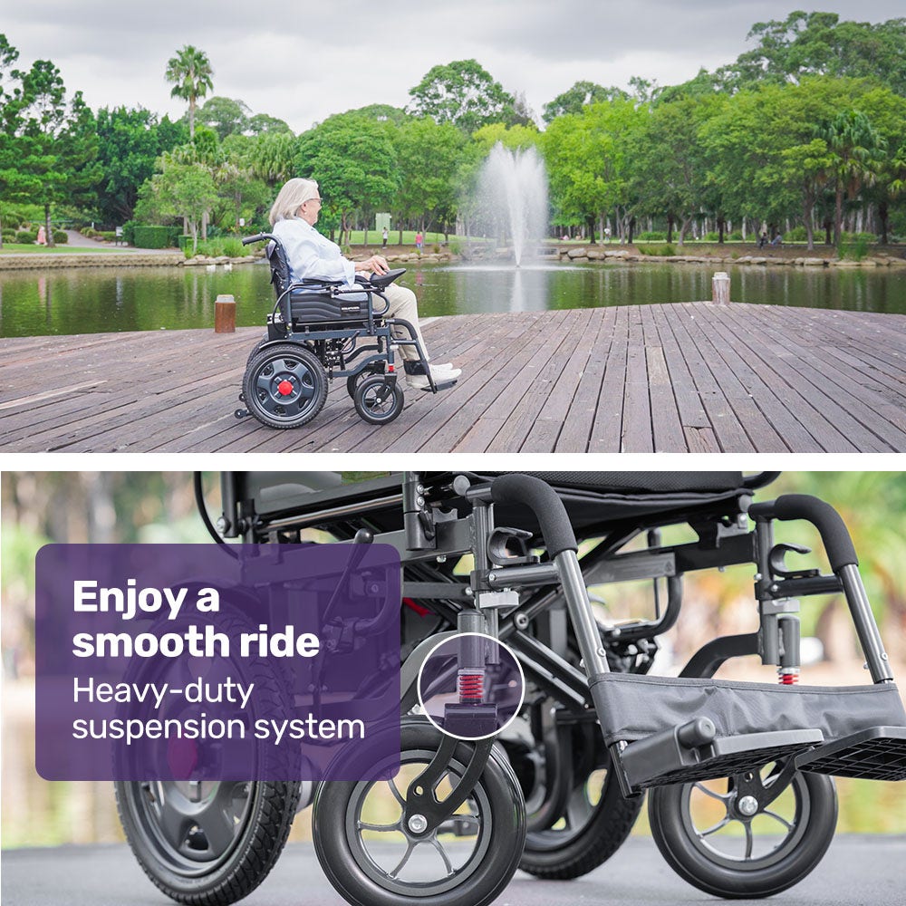 Equipmed Electric Folding Wheelchair, Wide Bariatric Chair Seat, Comfortable for S-XL, Long Range, Lithium Battery, Black/Grey
