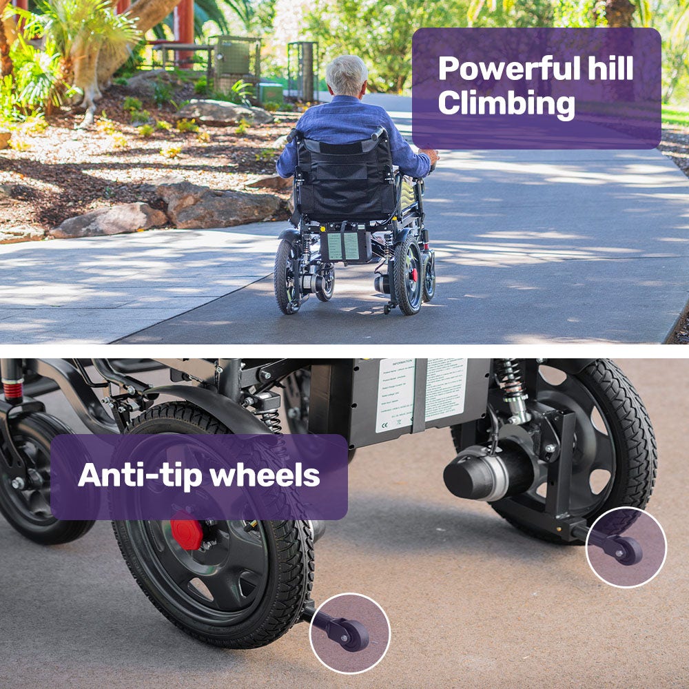 Equipmed Electric Folding Wheelchair, Wide Bariatric Chair Seat, Comfortable for S-XL, Long Range, Lithium Battery, Black/Grey