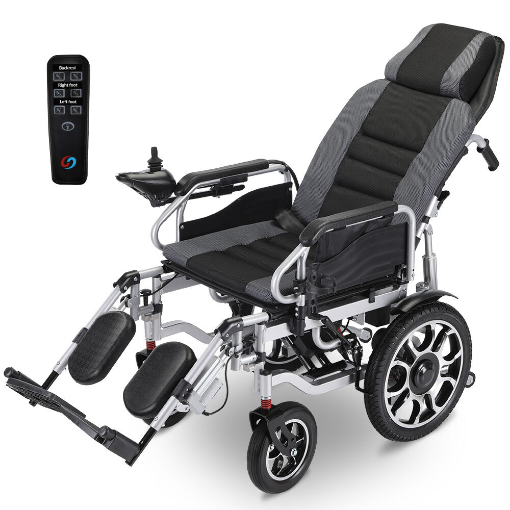 EQUIPMED Electric Wheelchair, Power Recline, Long Range, Lithium Battery, 16" Rear Wheels, Headrest, Folding, Grey/Black