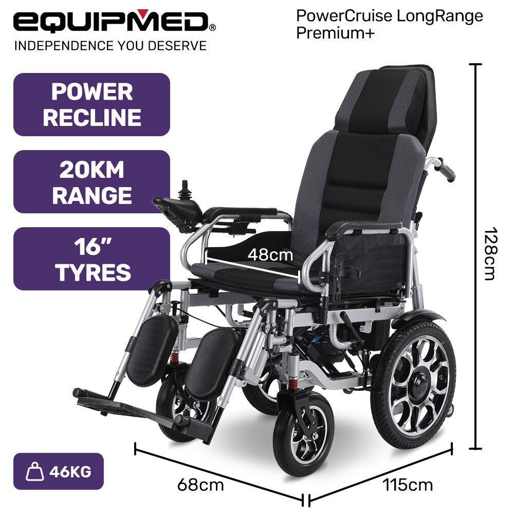 EQUIPMED Electric Wheelchair, Power Recline, Long Range, Lithium Battery, 16" Rear Wheels, Headrest, Folding, Grey/Black