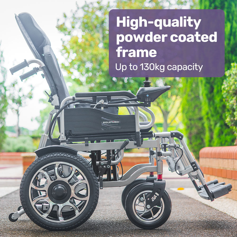 EQUIPMED Electric Wheelchair, Power Recline, Long Range, Lithium Battery, 16" Rear Wheels, Headrest, Folding, Grey/Black