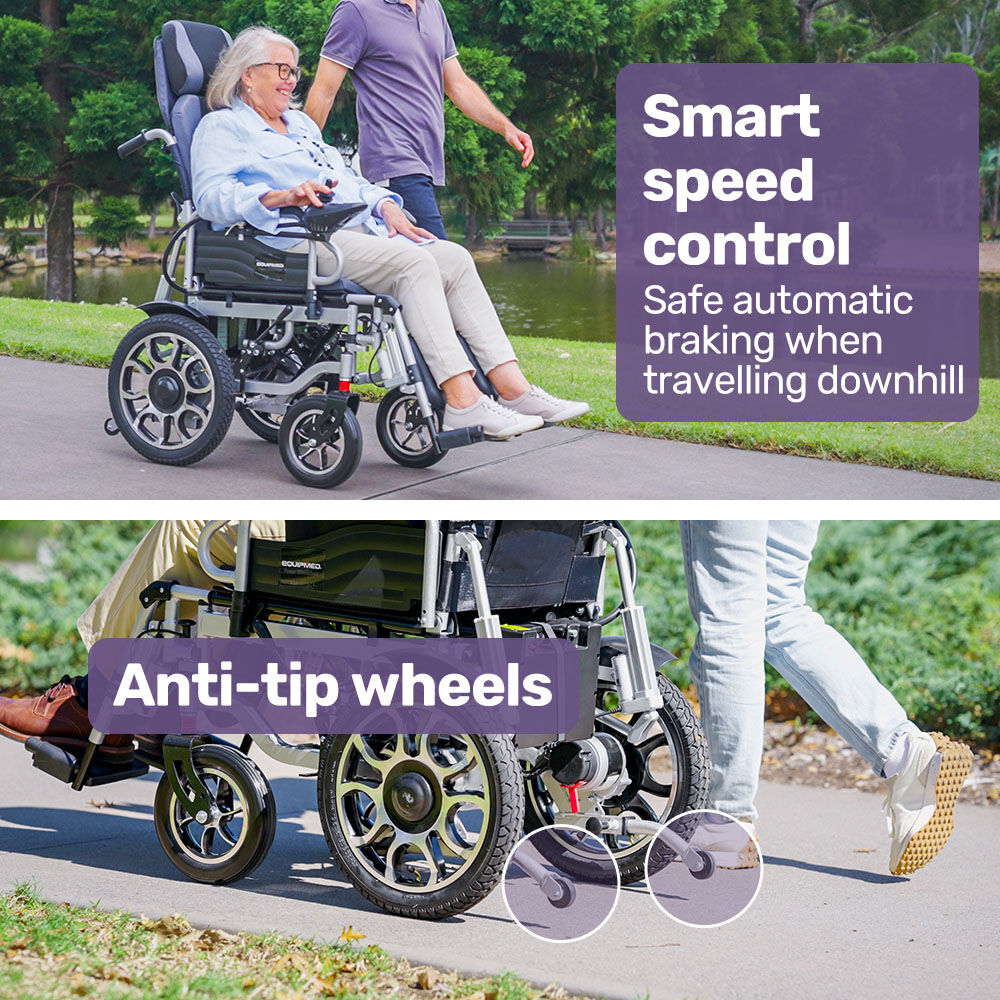 EQUIPMED Electric Wheelchair, Power Recline, Long Range, Lithium Battery, 16" Rear Wheels, Headrest, Folding, Grey/Black