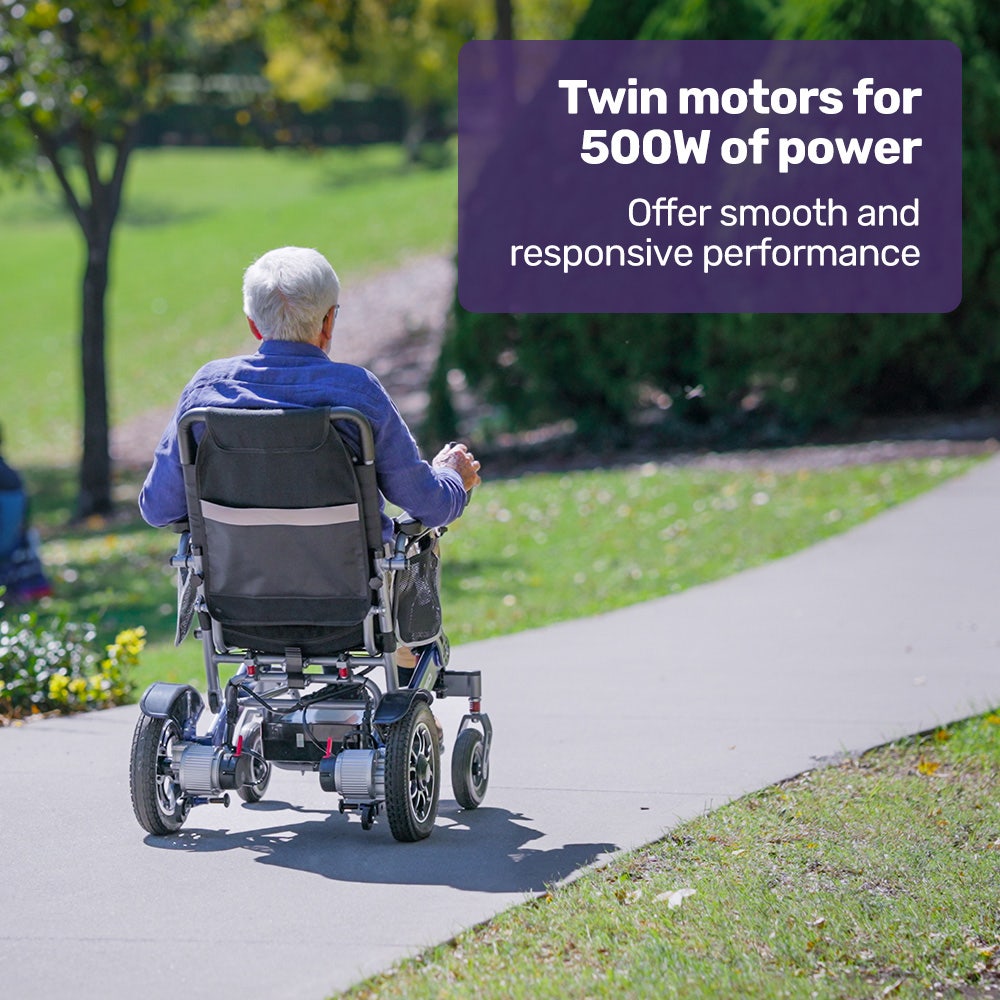EQUIPMED Power Electric Wheelchair, Long Range, Airline Approved, Folding, Aluminium Frame, Lithium Battery, Blue